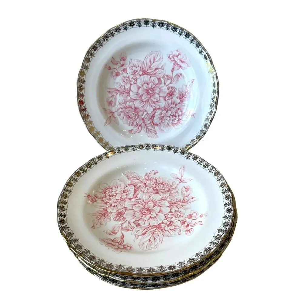 222 Fifth Pink Gold Floral Porcelain Salad Plates 8.5” Set of 4 Chic Easter NEW